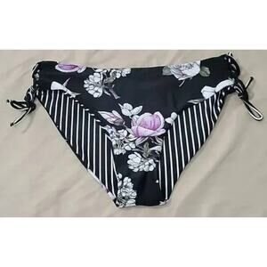 Black Bikini Bottom with Pink Floral and Inner Black/White Stripes